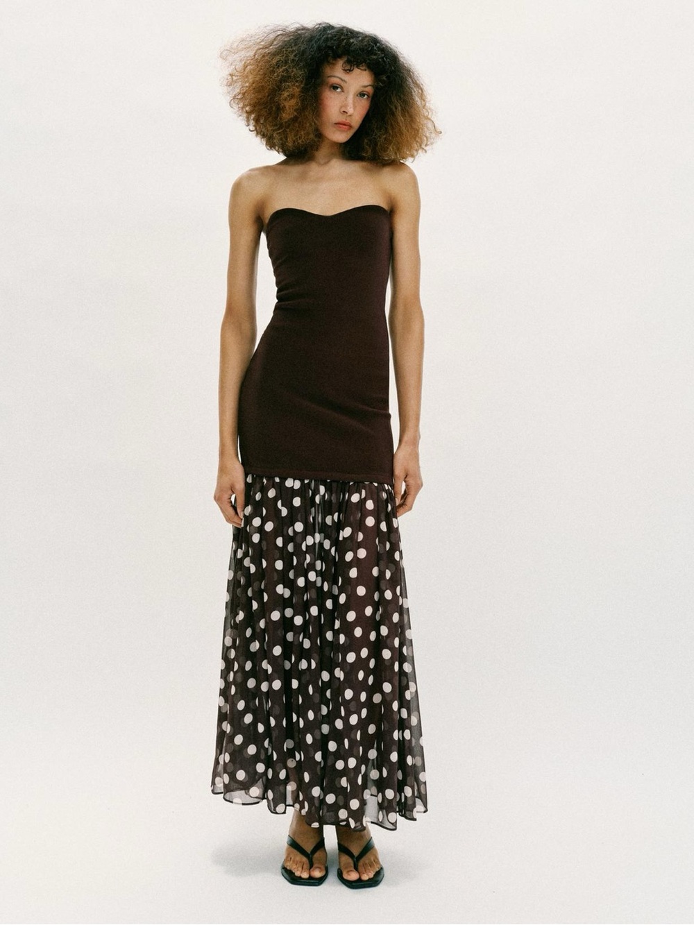 Zara Chocolate Brown Strapless Maxi Skirt with White Polka Dot Hem